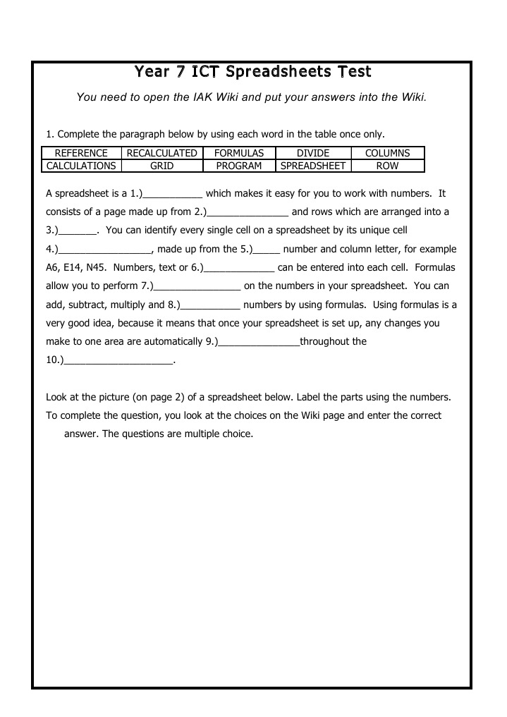 Year 7 Spreadsheet Test Instructions | PDF