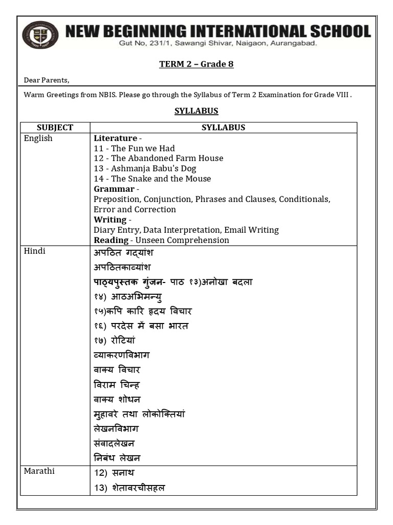 Grade 8 - Term 2 - Syllabus - 2026 - 27 | PDF | Linguistics