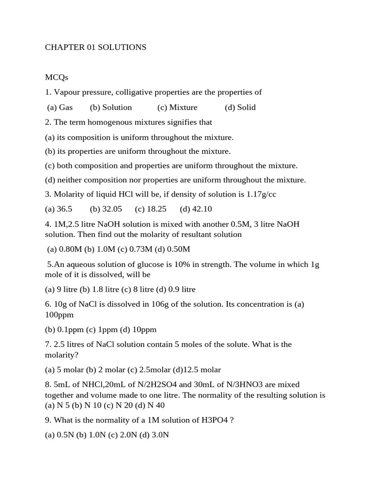 Chapter 01 Solutions - Word MCQ | PDF | Chemistry | Physical Chemistry
