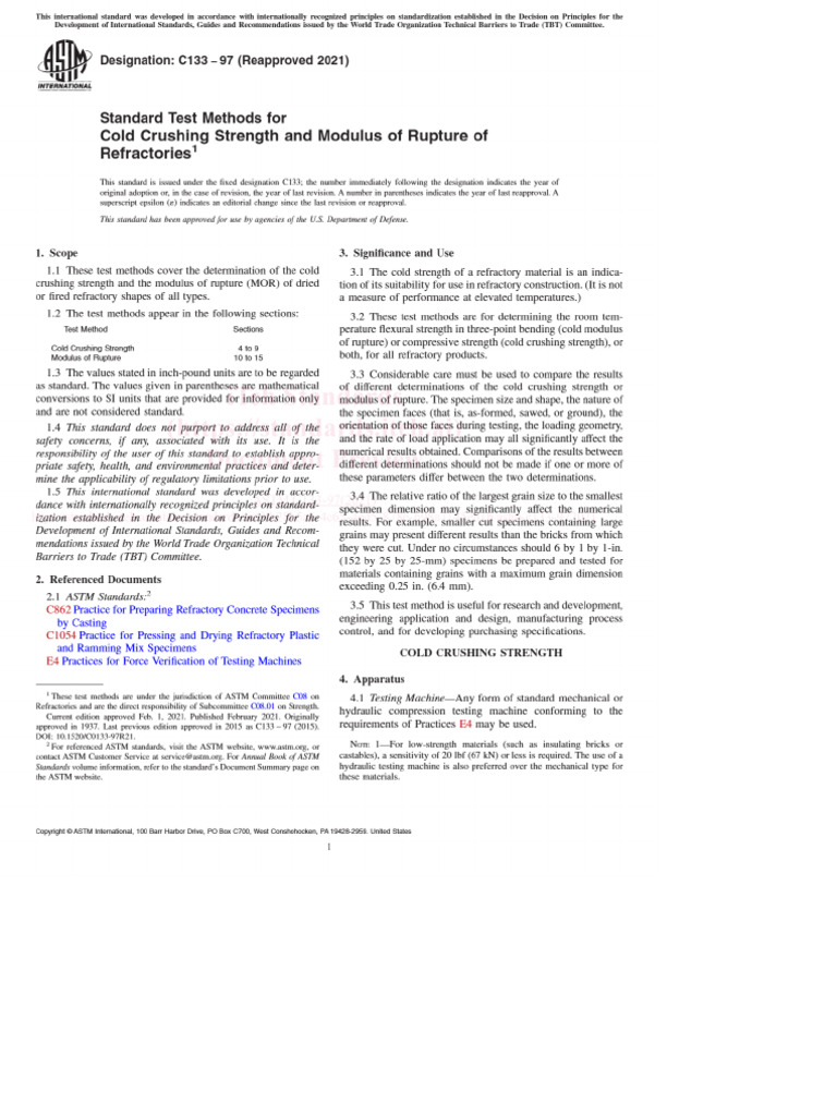 ASTM C133 - Cold Crushing Strength & Modulus of Rupture of Refractories ...