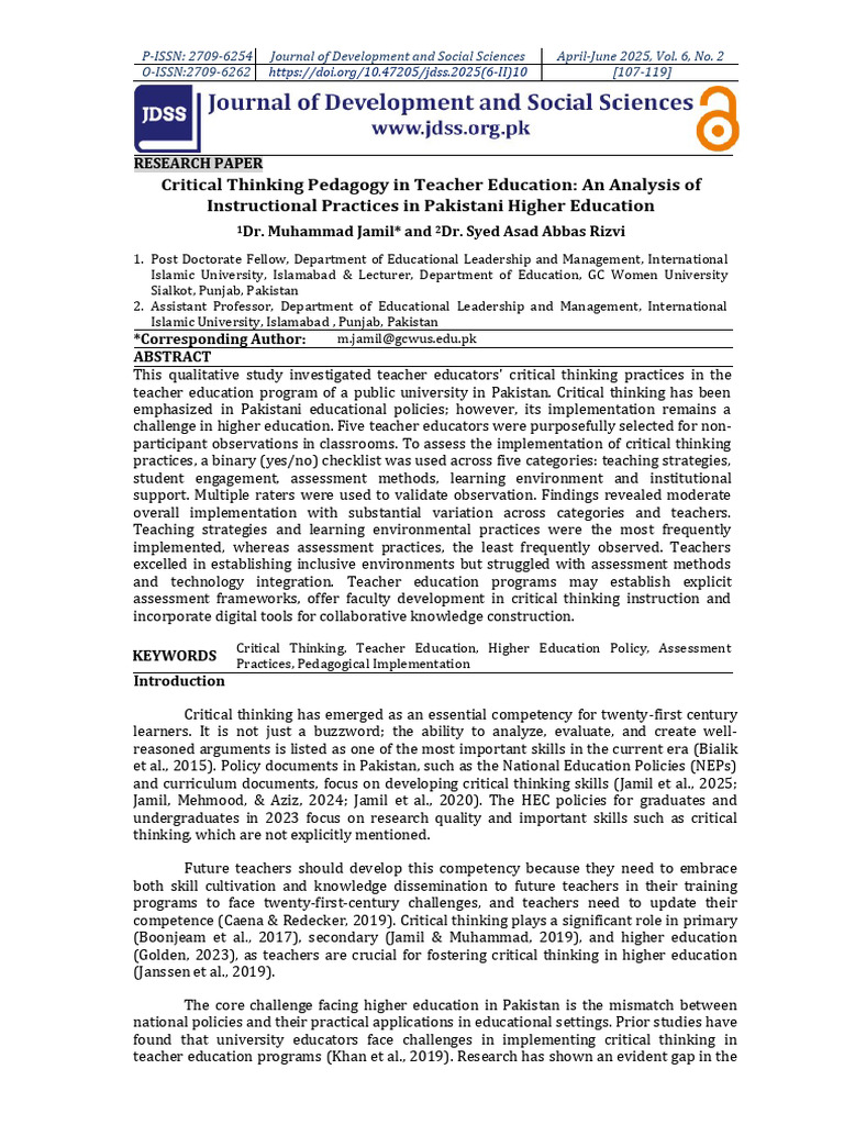 Critical Thinking Pedagogy in Teacher Education: An Analysis of ...