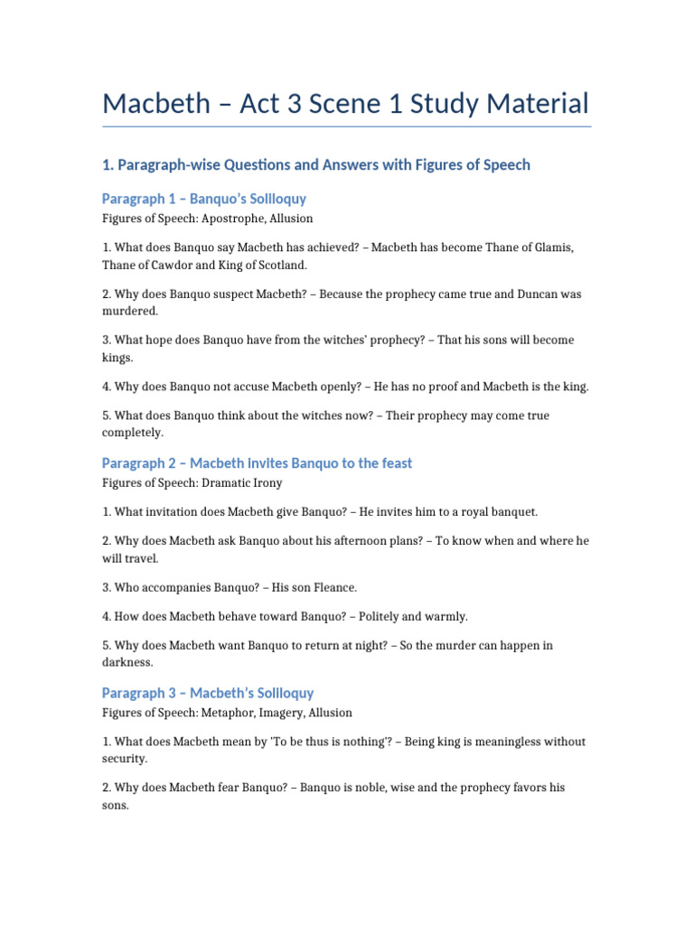 Macbeth Act3 Scene1 Full Study Material | PDF | Macbeth | Shakespearean ...