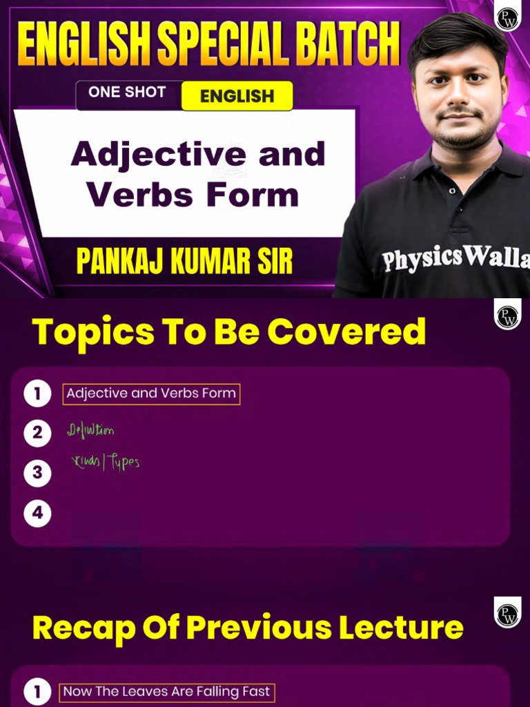 Adjective and Verbs Form Class Notes | PDF