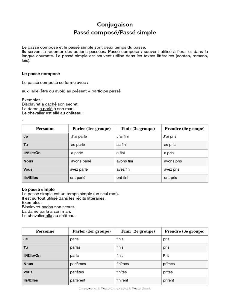 Conjugaison Passé Composé/passé Simple | PDF | Mécanique du langage ...