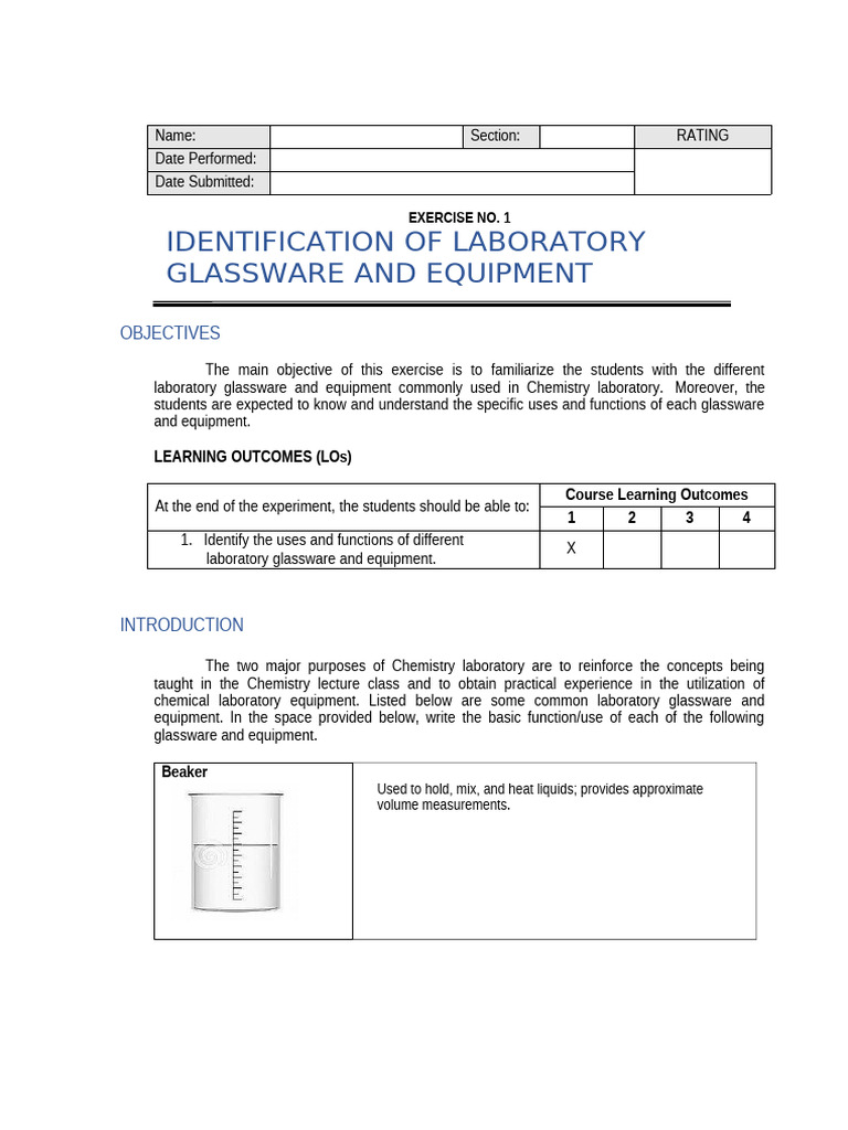 Activity 1 - Identification of Laboratory Glasswares and Equipment ...