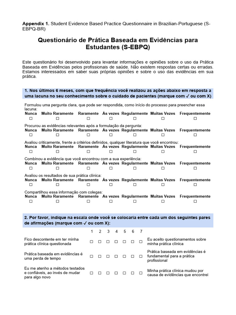 Questionário de PBE para Estudantes de Saúde (S-EBPQ) | PDF | Conhecimento