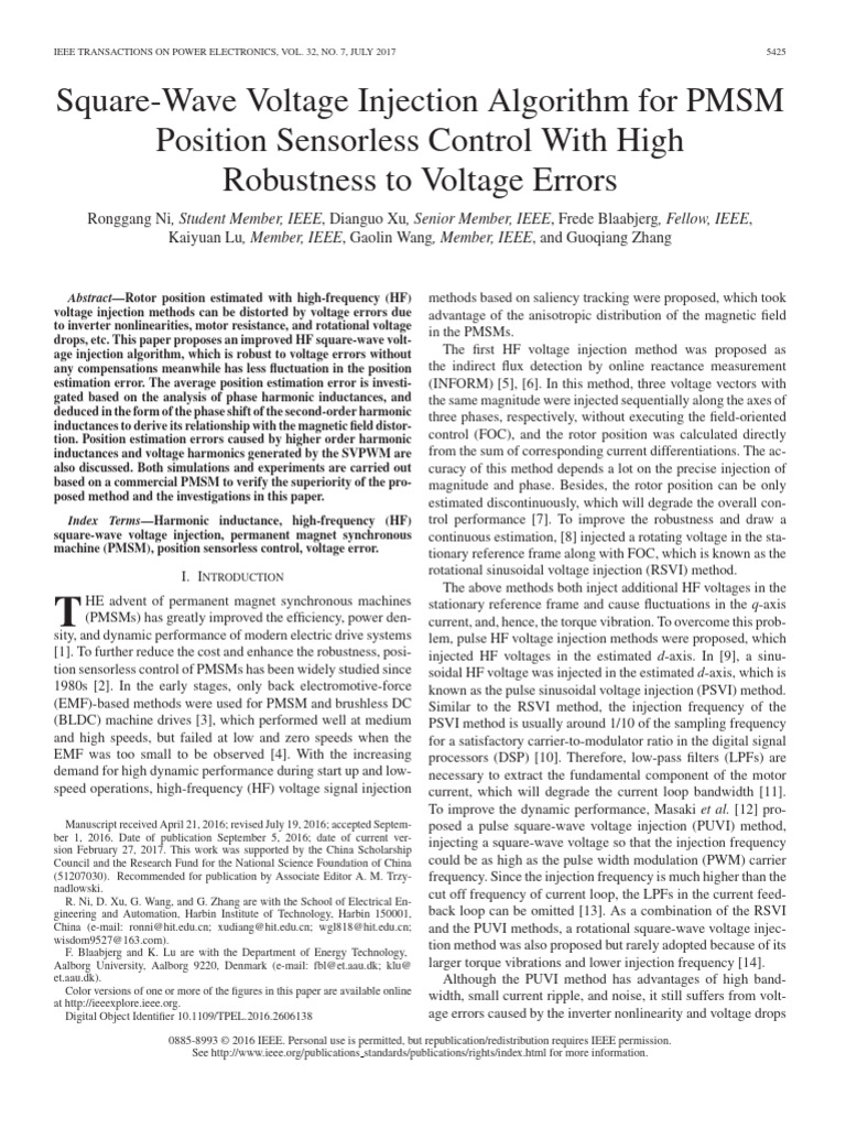 Square-Wave Voltage Injection Algorithm For PMSM Position Sensorless ...