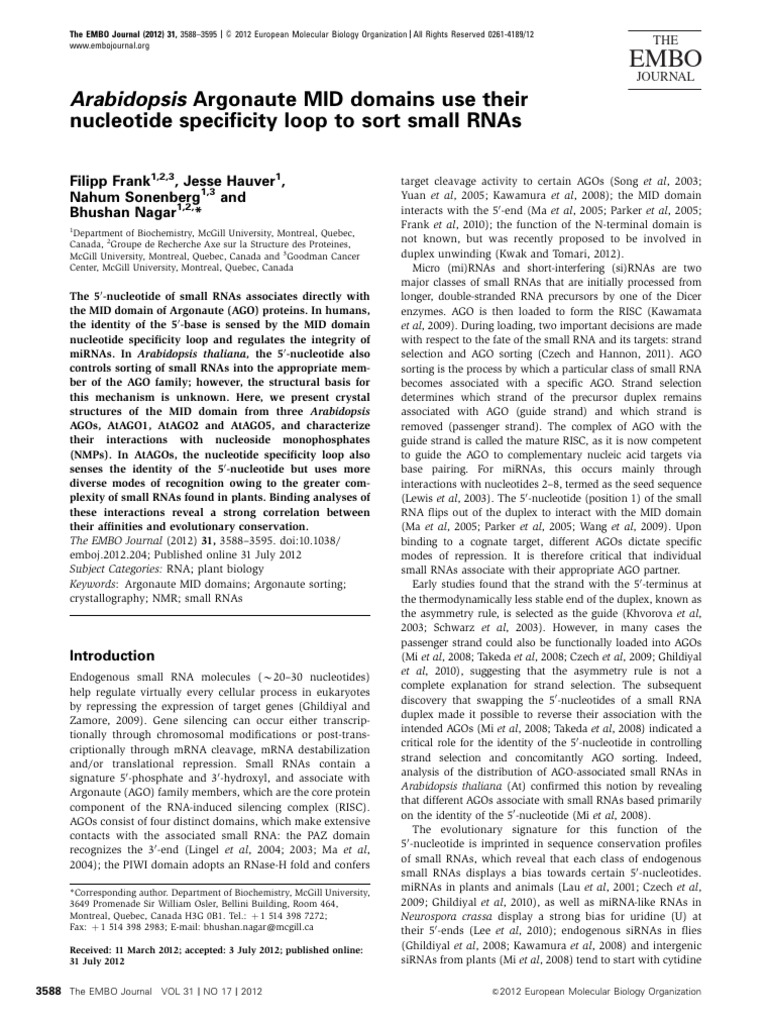 Frank Et Al 2012 - Arabidopsis Argonaute MID Domains Use Their ...