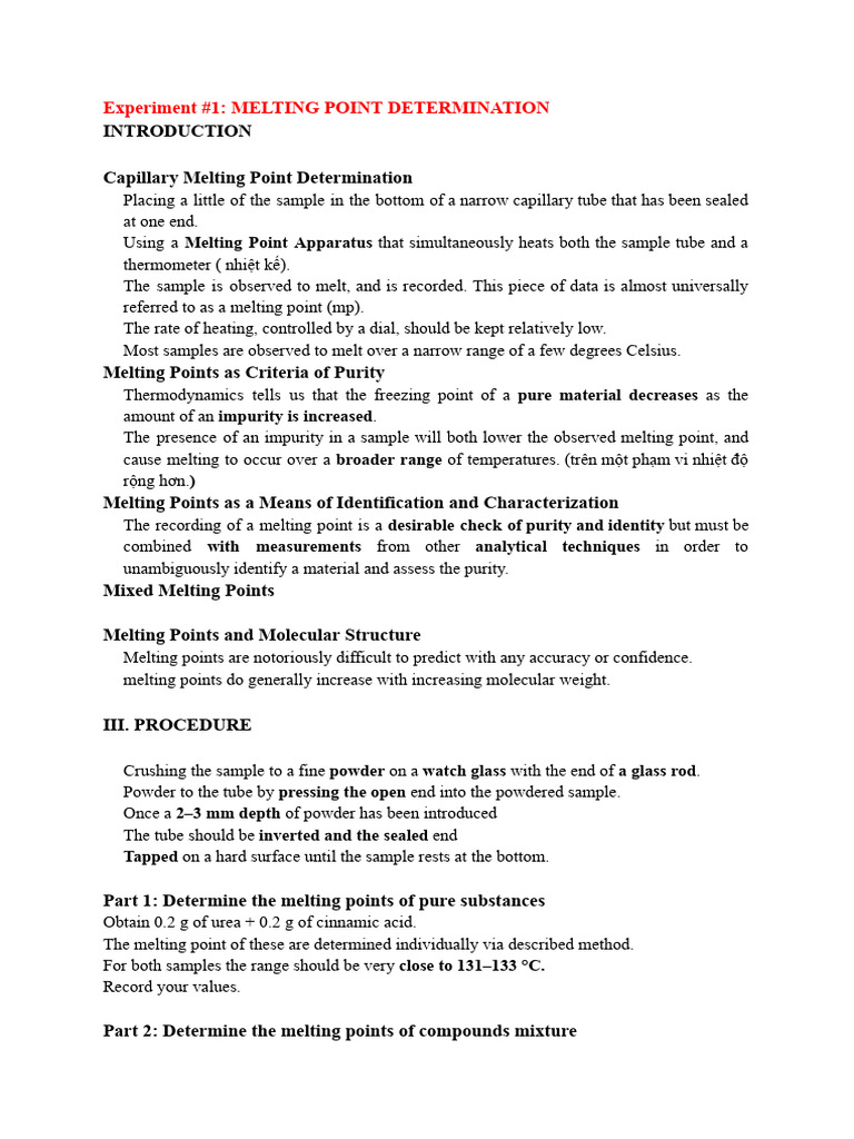 Oc2 - Experiment #1 - Melting Point Determination | PDF | Melting Point ...