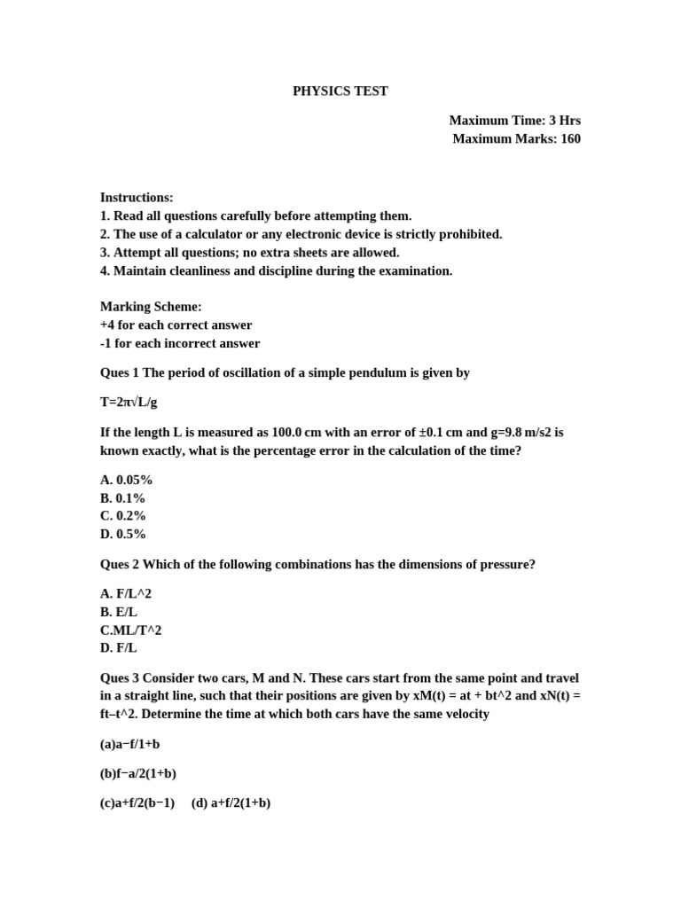 Physics Test Format | PDF | Waves | Mass