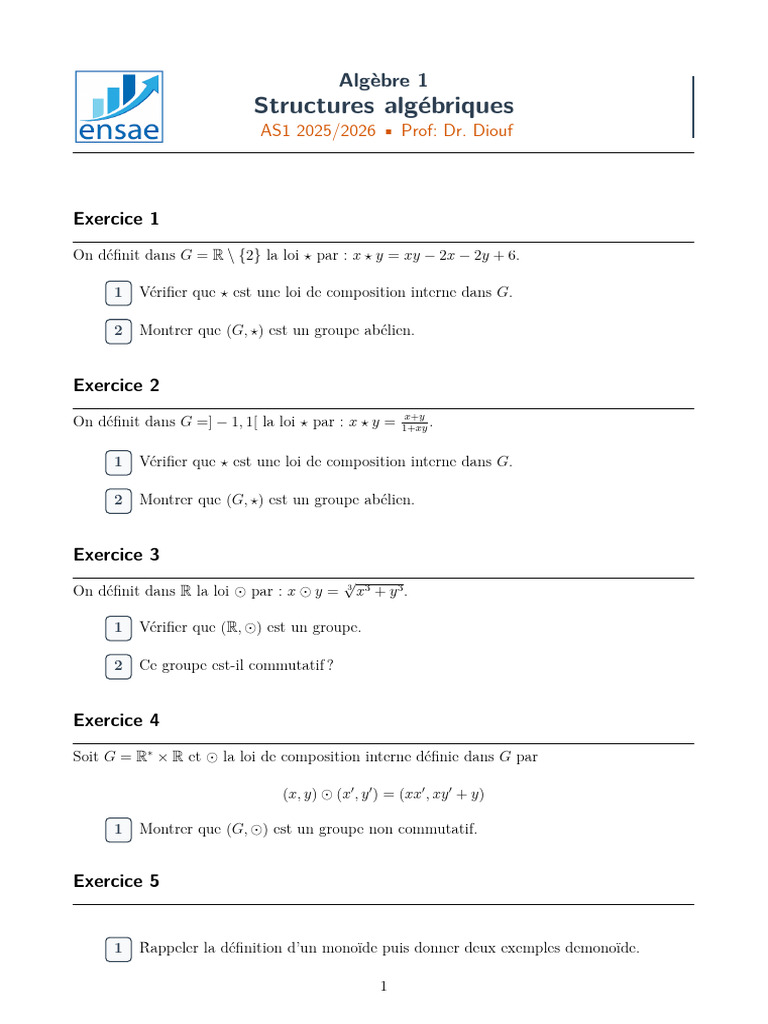 Algèbre TD2 Version Corrigée | PDF | Groupe (Mathématiques) | Anneau ...