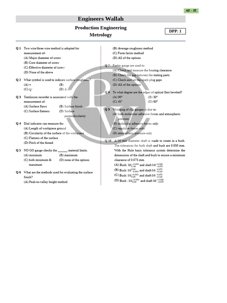 Metrology - DPP 01 (English) | PDF | Engineering Tolerance | Screw