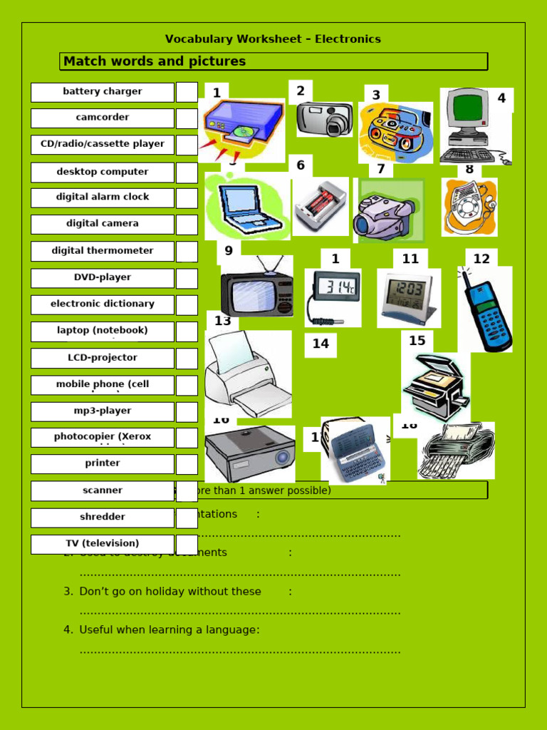Vocabulary Matching Worksheet Electronics Fun Activities Games 3605 | PDF