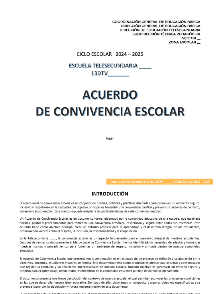 Ejemplo de Acuerdo de Convivencia Escolar | PDF | Escuelas | Inclusión ...