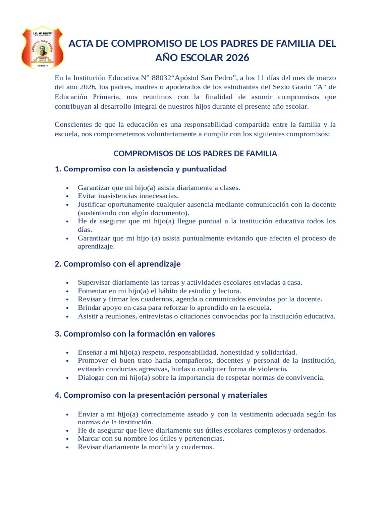Acta de Compromiso de Los Padres de Familia Del Año Escolar 2026 ...