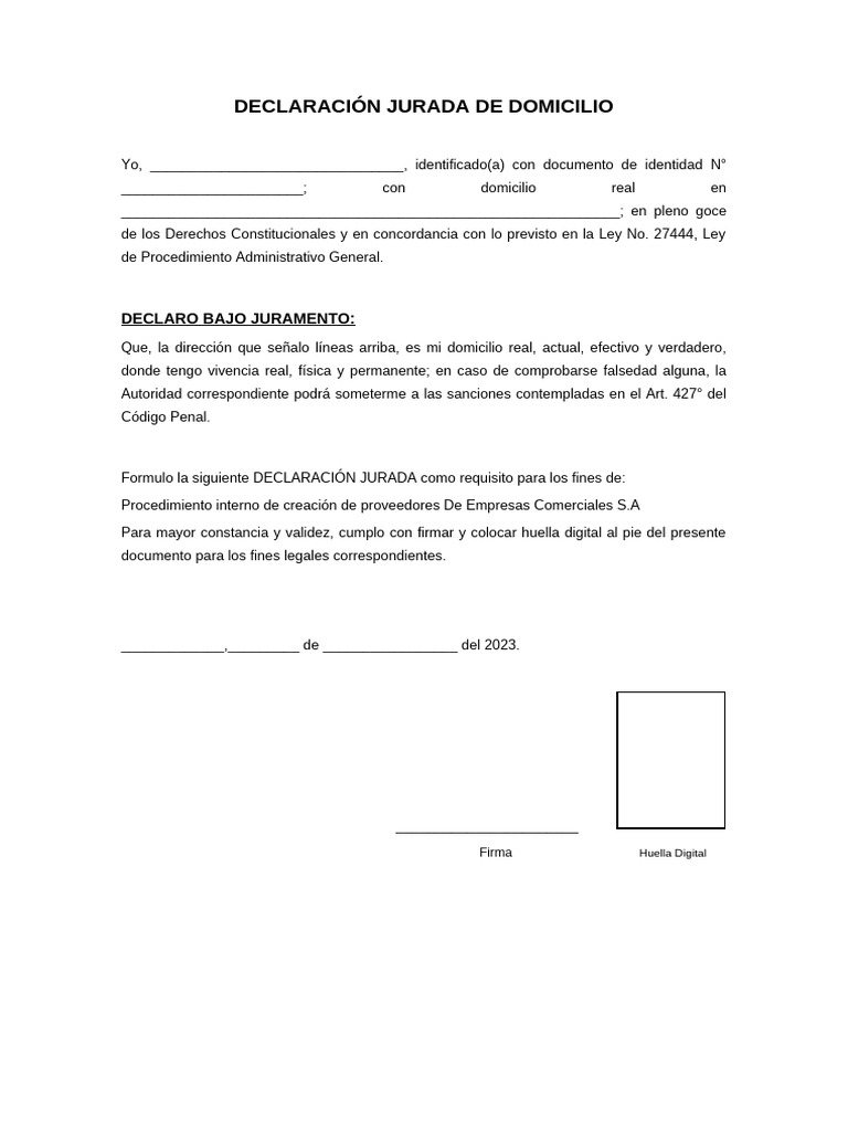 DECLARACION JURADA Domicilio | PDF | Documento de identidad | Justicia