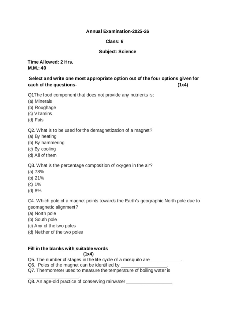 Class 6 Science Sample Paper | PDF | Soil | Fuels