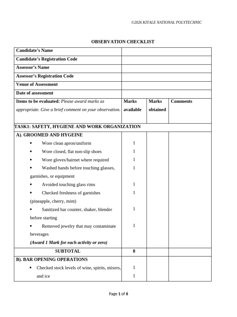 Observation Checklist Perform Bar Keeping Operation. 2 | PDF | Mixed ...