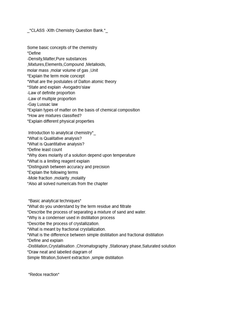 Chemistry XI TH Question Bank | PDF | Chemical Bond | Chemical Reactions