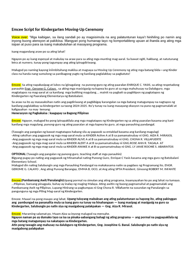 Emcee Script For Kindergarten Moving | PDF