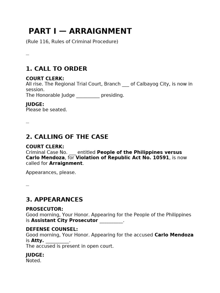 Arraignment and Pretrial Script | PDF | Plea | Plea Bargain