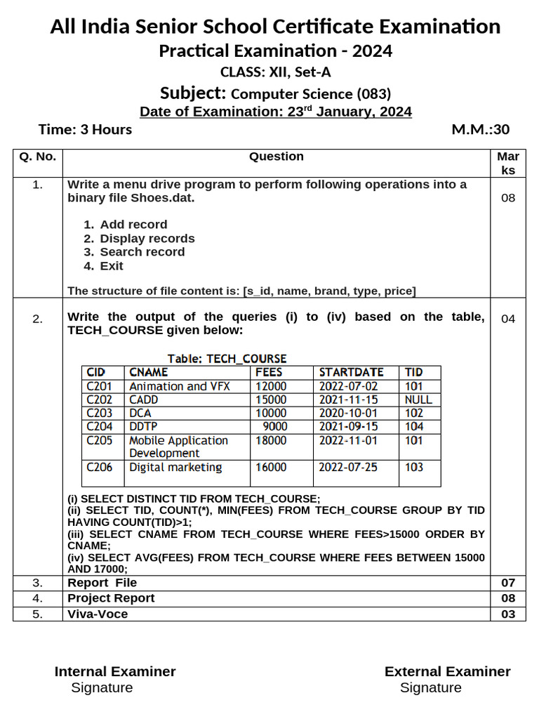 AISSCE CS Practical Exam Question Paper 2023-24 Set 1 | PDF
