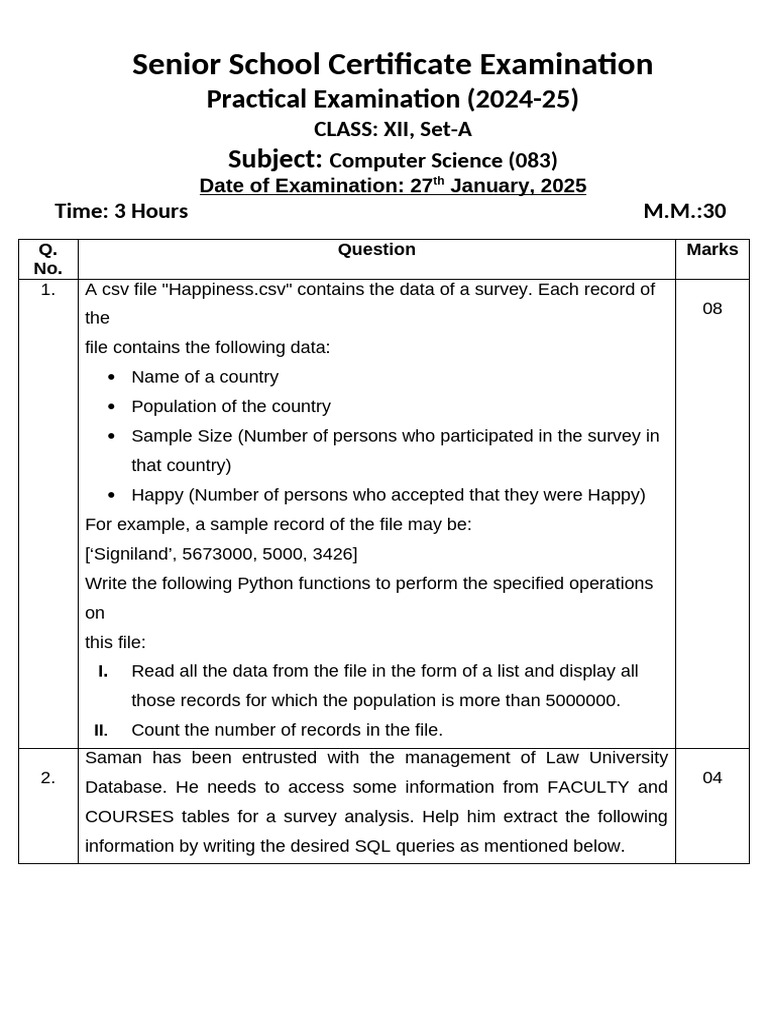 AISSCE CS Practical Exam Question Paper 2024-25 Set 1 | PDF ...