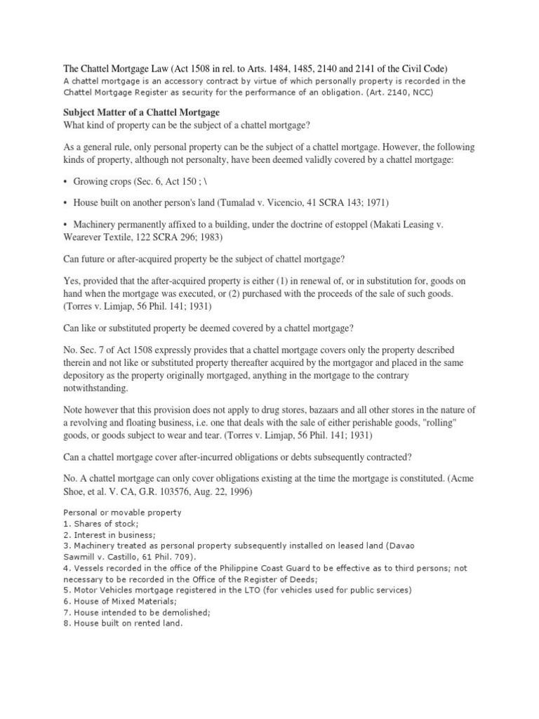 The Chattel Mortgage Law PDF Foreclosure Deed Of Trust (Real Estate)