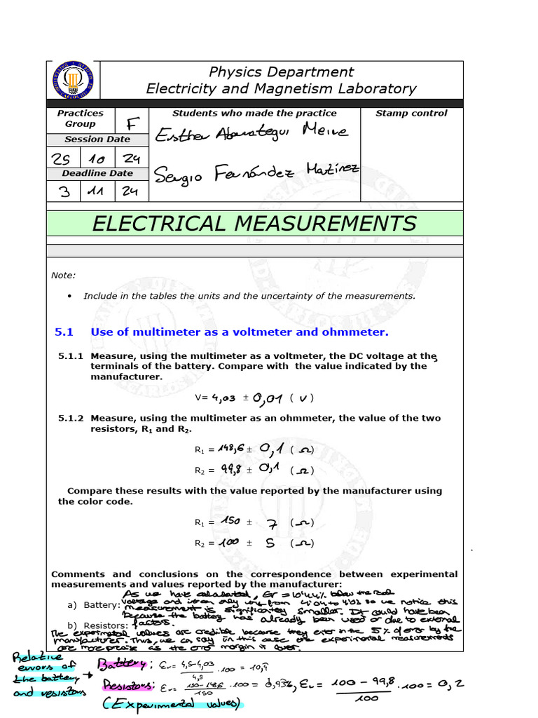 Electrical Measurements Form | PDF | Voltage | Electric Power