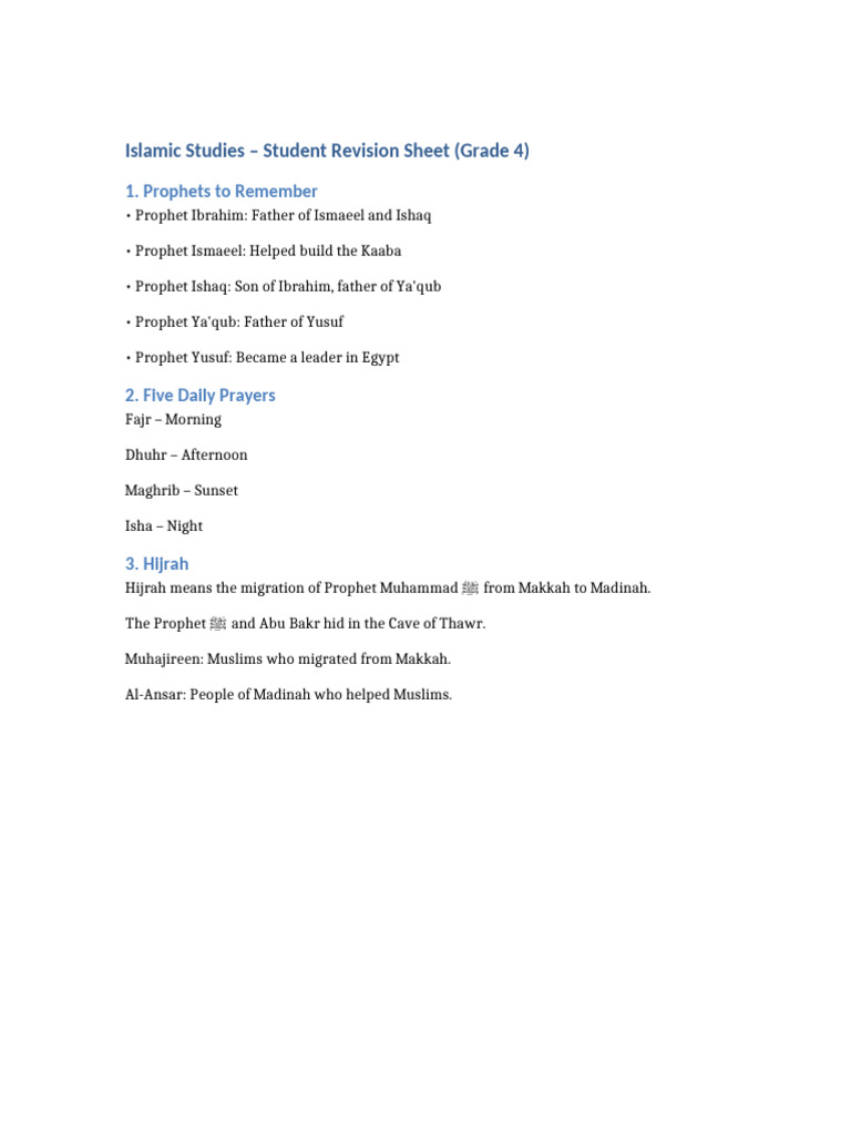 G4 Islamic Student Revision Sheet | PDF