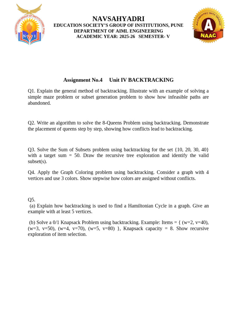 Unit Assignment No.4 - TE - DAA | PDF