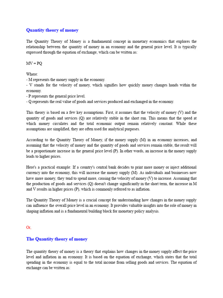 Quantity Theory of Money | PDF | Quantity Theory Of Money | Inflation