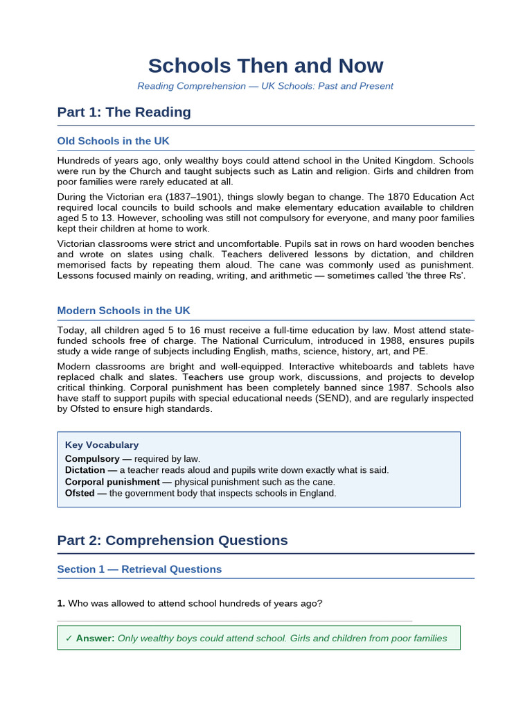 Schools Comprehension Full | PDF | Teachers | Primary Education
