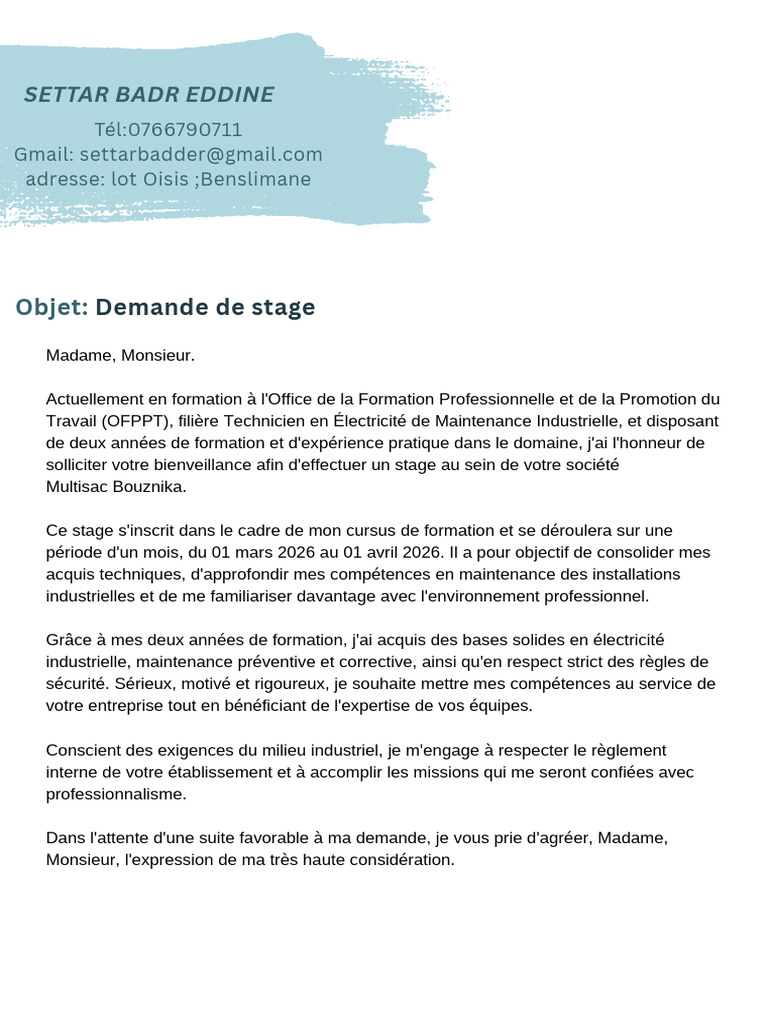 Lettre de Motivation Professionnelle Française Bleue Aquarelle | PDF