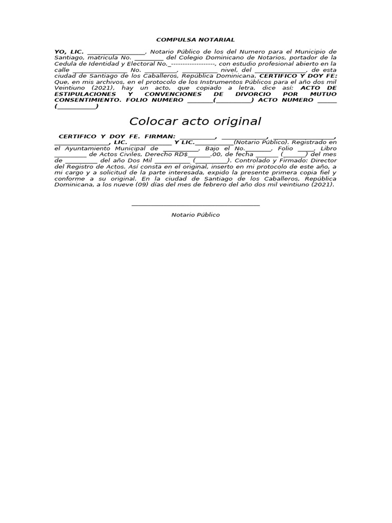 Compulsa Notarial, Estipulacion de Divorcio, Blanco | PDF