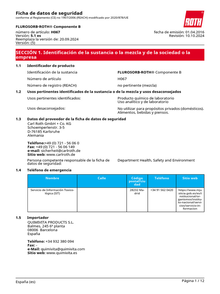 SDB H067 Es Es | PDF | Toxicidad | Residuos