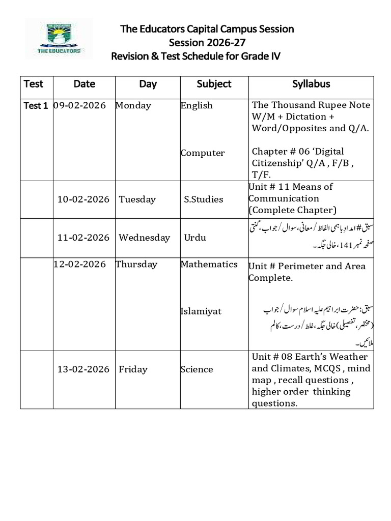 Revision Test Shedule Class IV | PDF