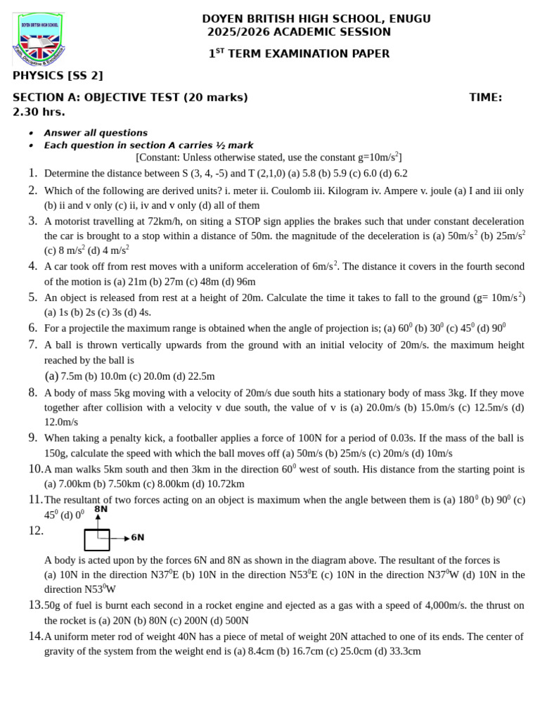 Physics Ss2 1st Term Exam Sep 2025 | PDF | Force | Machines