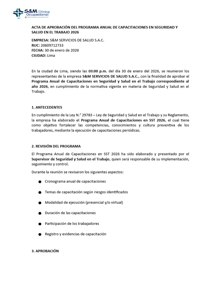 Acta de Aprobación Del Programa Anual de Capacitaciones en Seguridad y ...