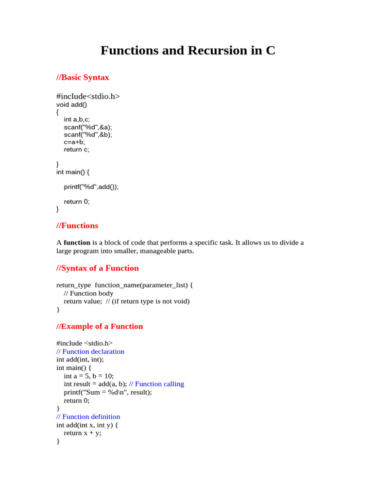 Functions and Recursion in C | PDF | Parameter (Computer Programming ...