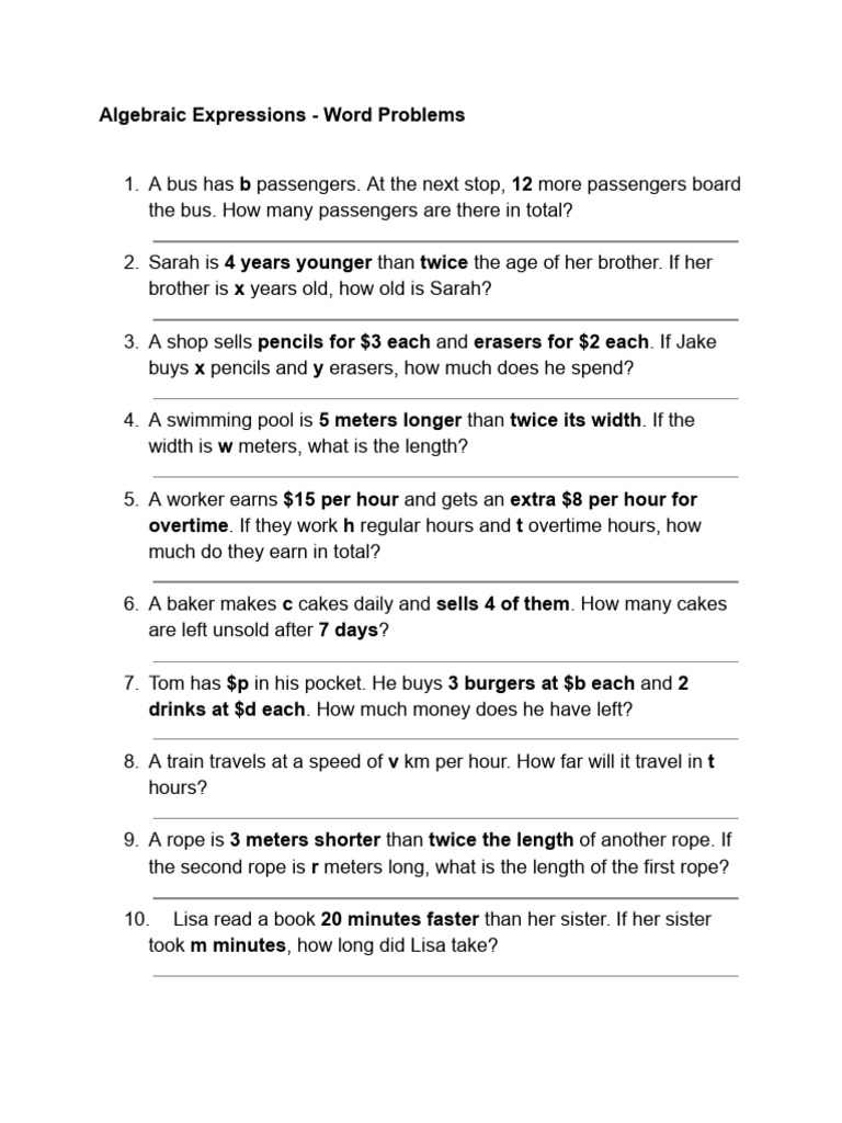 Algebraic Expressions - Word Problems | PDF