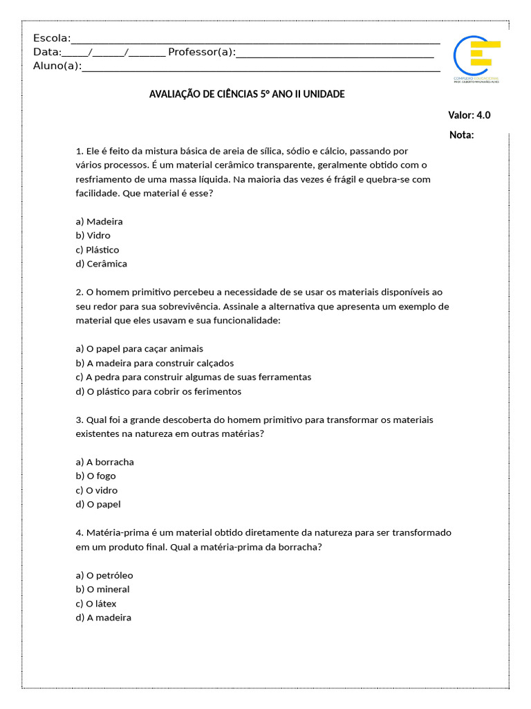 Prova Ciencias 5 Ano II Unidade | PDF | Óculos | Papel