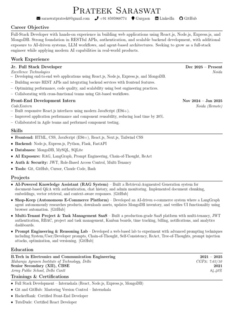 Prateek Saraswat Resume | PDF | Computing | Software Engineering