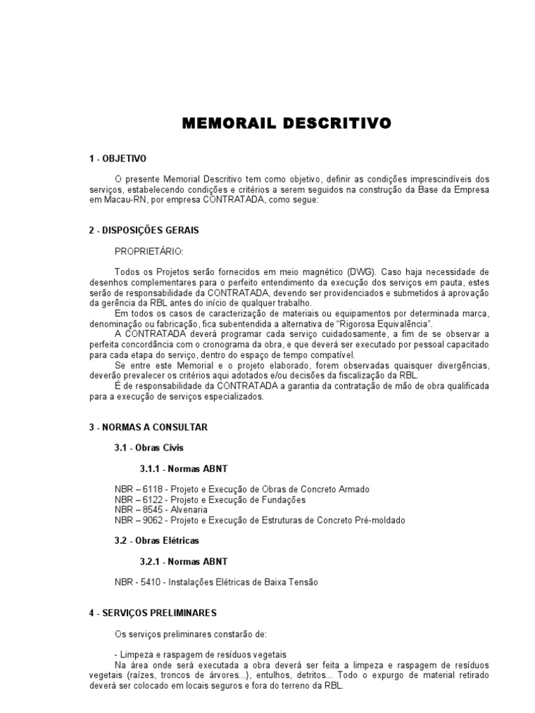 Memorial Descritivo de Obra | PDF | Argamassa (alvenaria) | Materiais ...