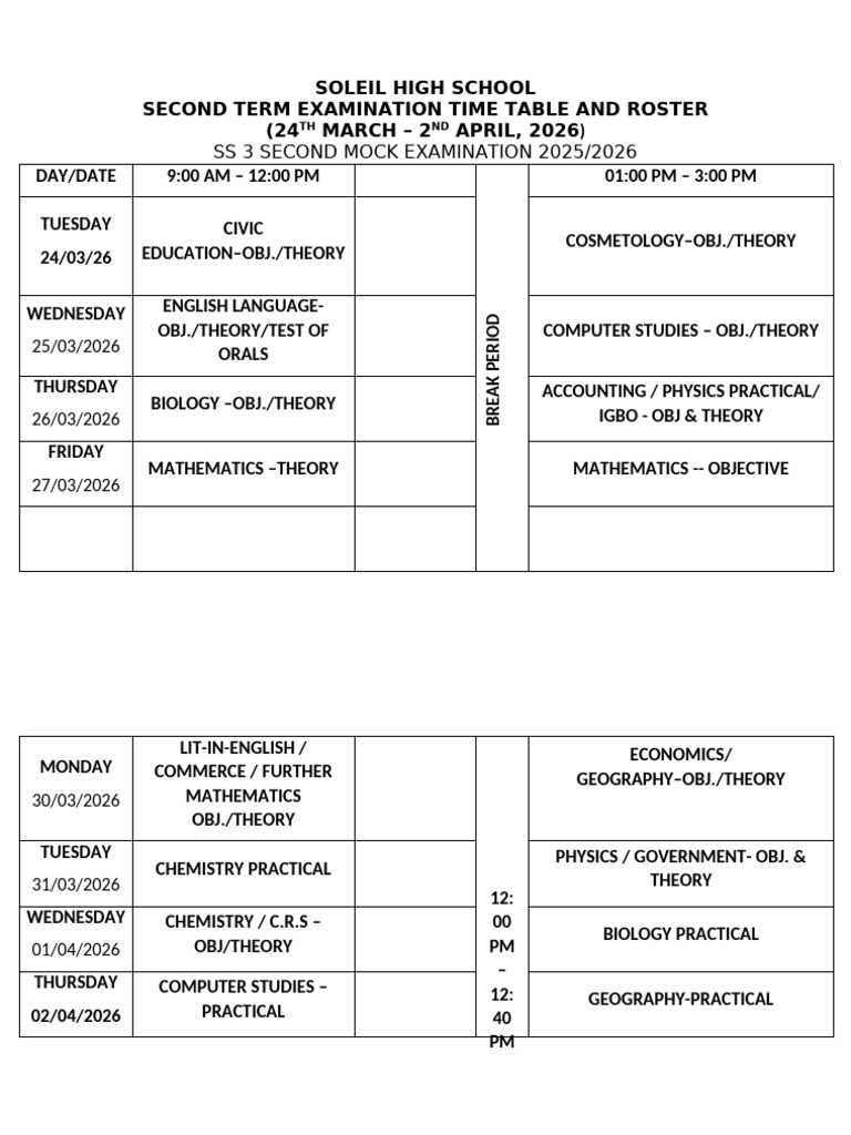 Ss 3 Mock Timetable 2026 | PDF