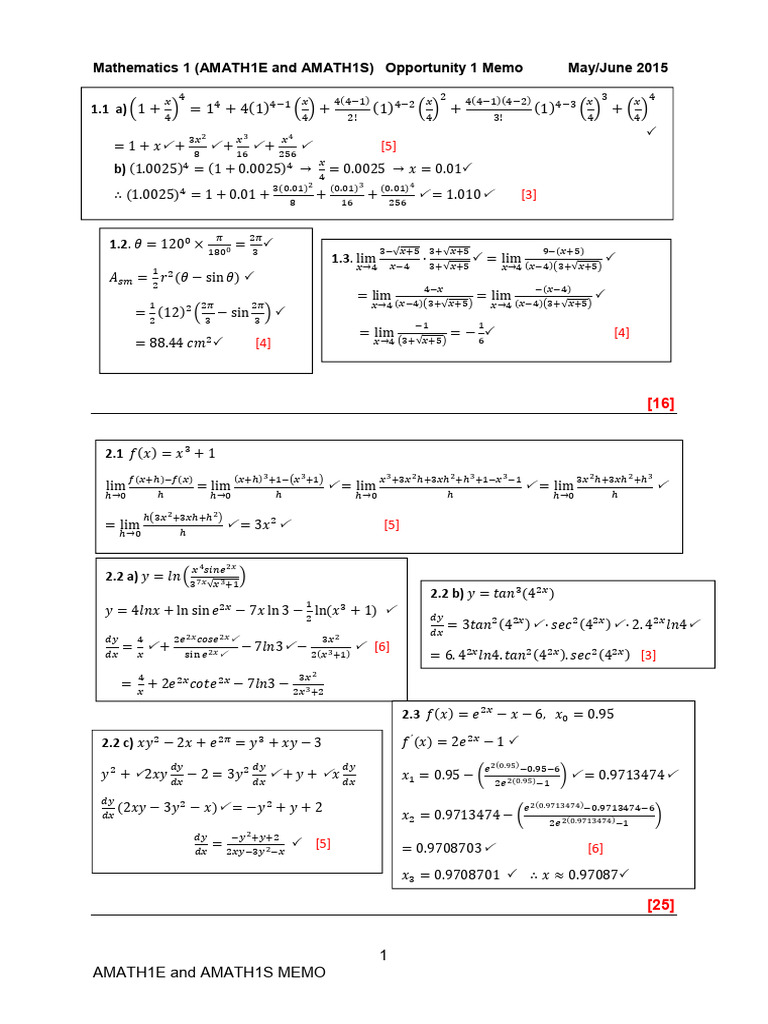 2015 Sem 1 Math1 Opp1 Exammemo | PDF