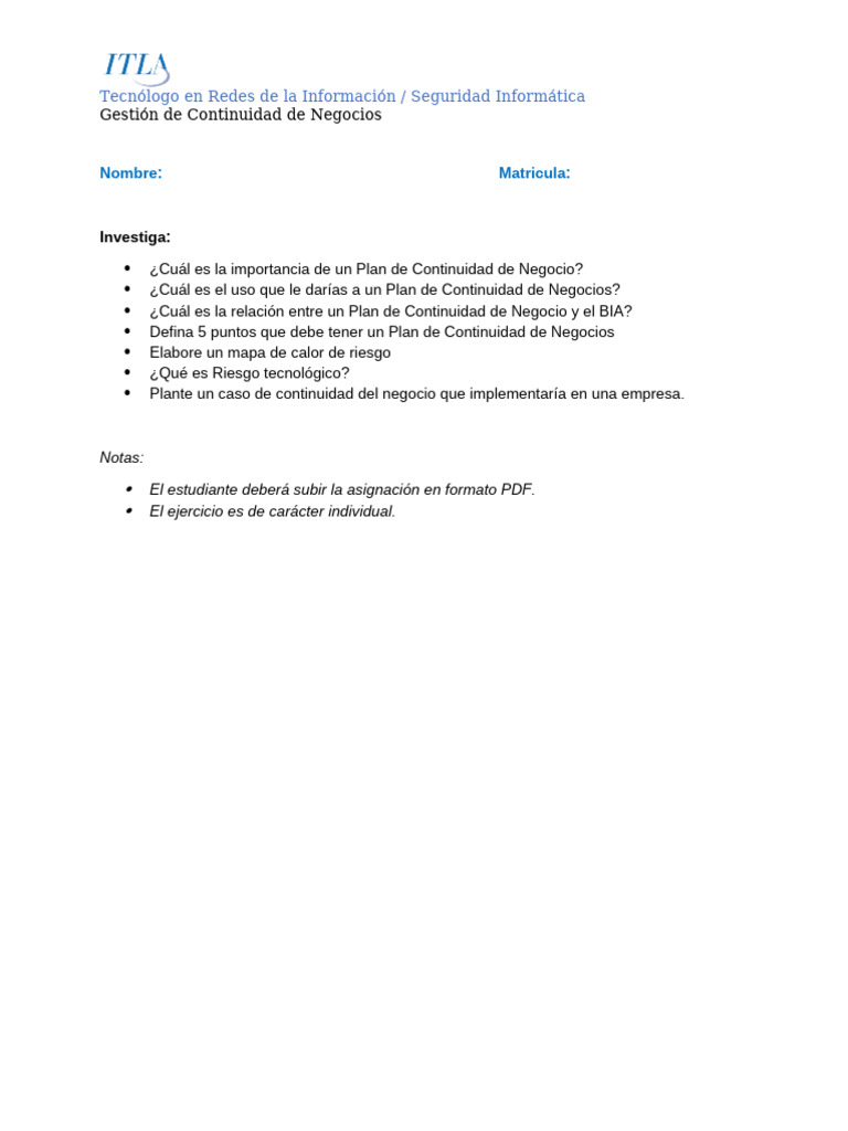 Gestión de La Continuidad Del Negocio - Tarea Semana 8 | PDF