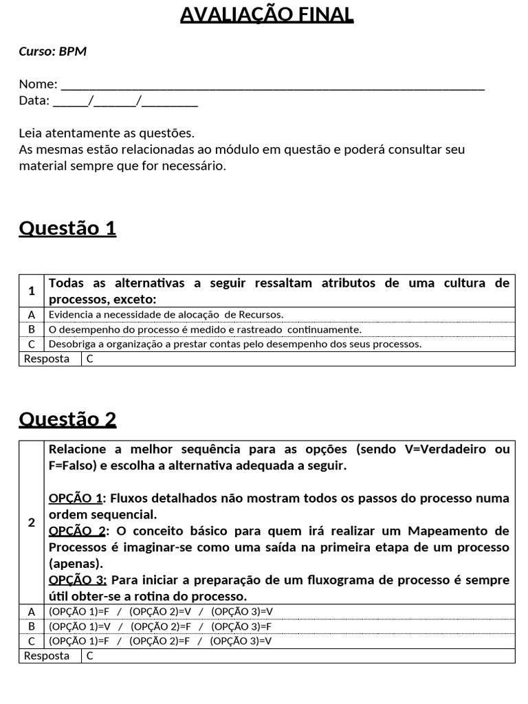 Ava - Prova Final - BPM - Com Respostas | PDF | Opção (finanças ...