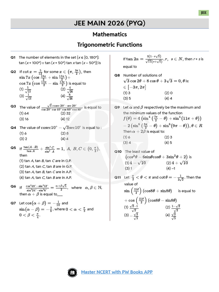 JEE Main 2026 Qs Trigonometric Functions | PDF | Combinatorics | Algebra
