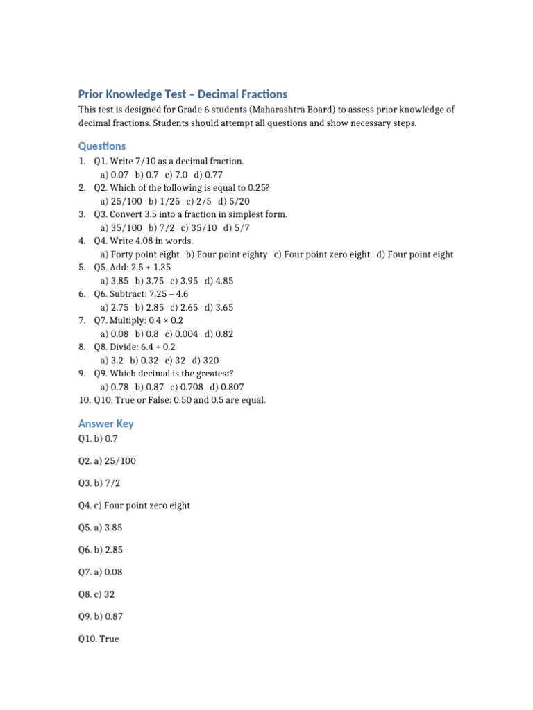Prior Knowledge Test - Decimal Fractions: Questions | PDF